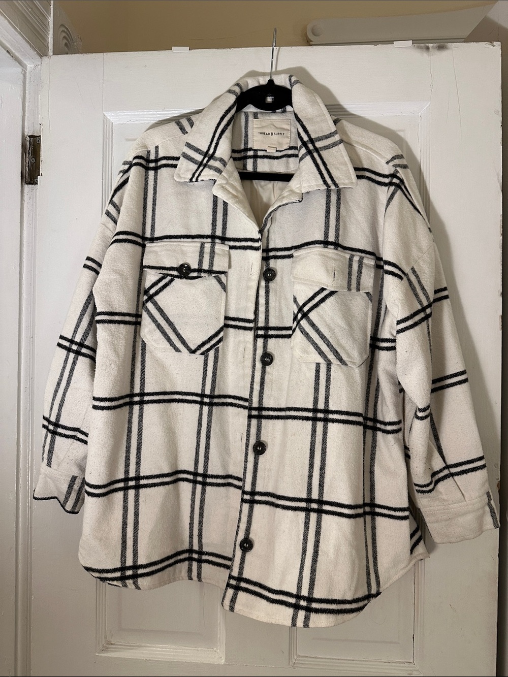 Cream and Black Plaid Button-Up Shacket